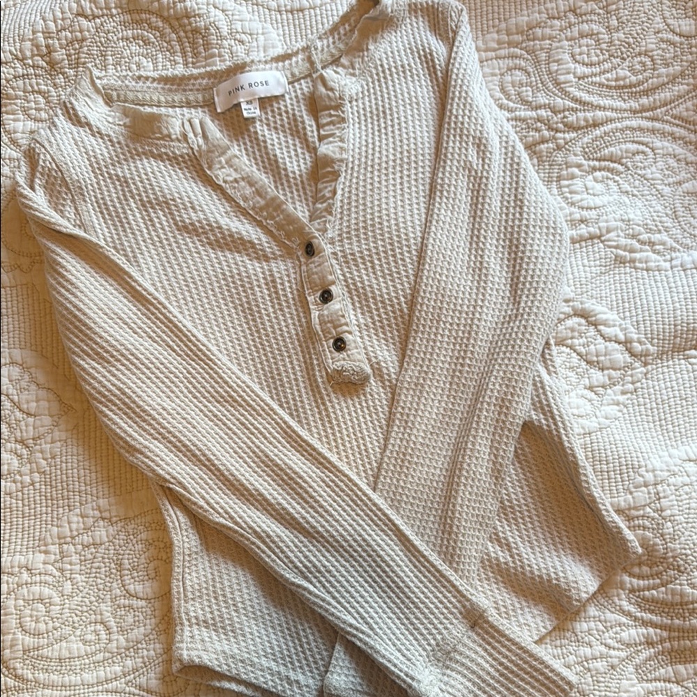 Pink Rose Cream Ribbed Button Down Polo Top